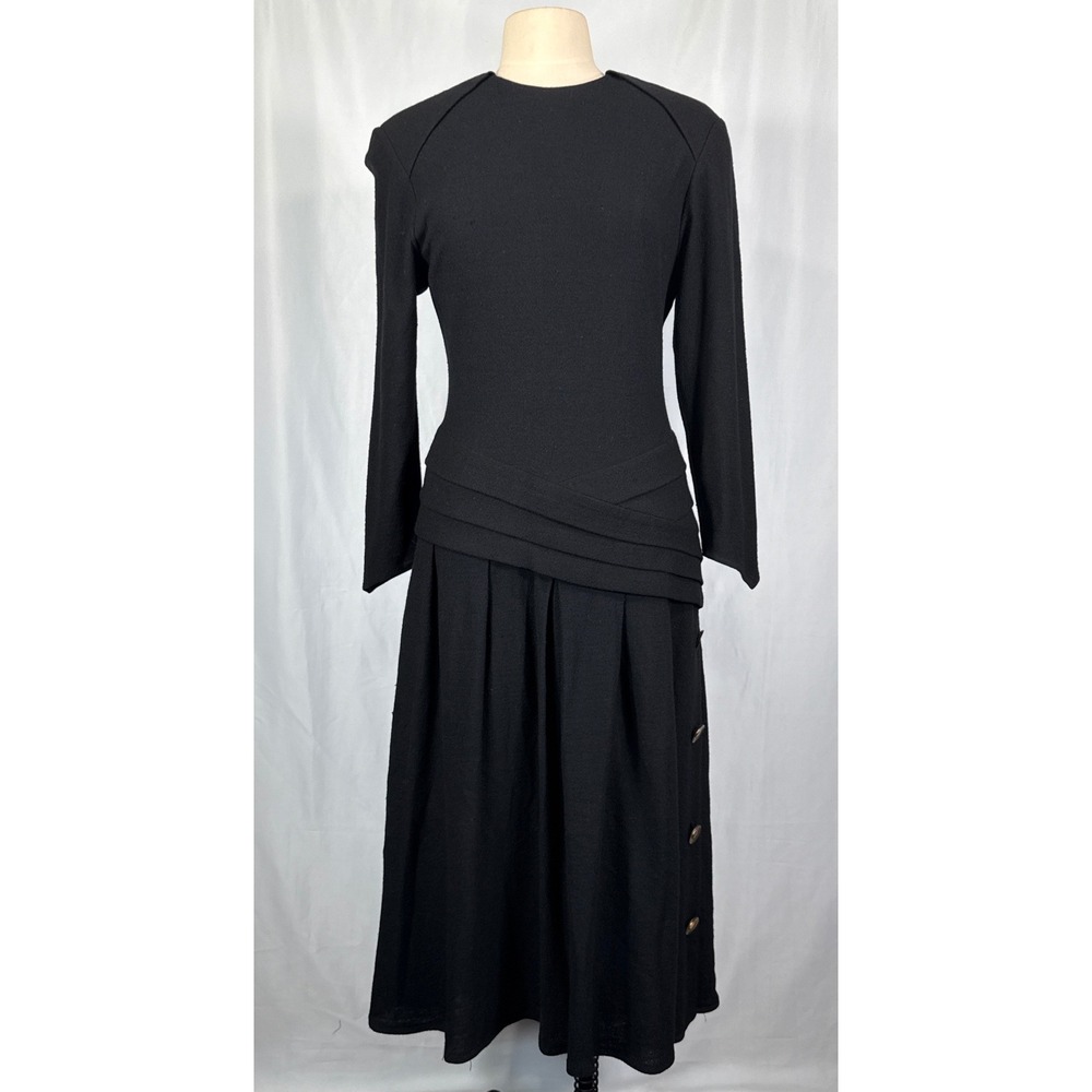 Kathryn Dianos VTG 80s Black 100% Wool Drop Waist Pleated Midi Dress Medium